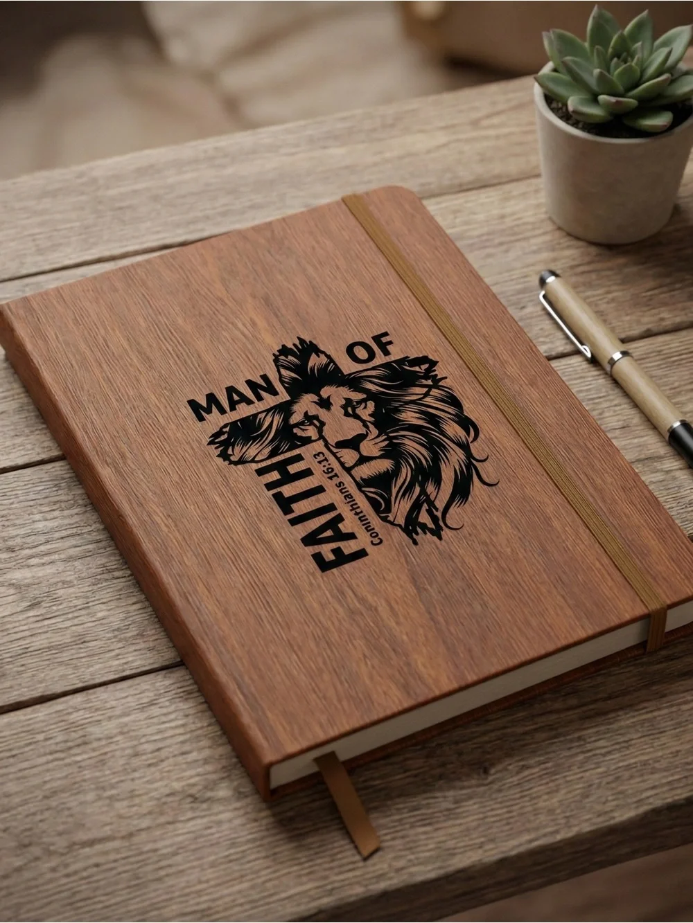 Man of Faith Lion Journal in Woodgrain Brown